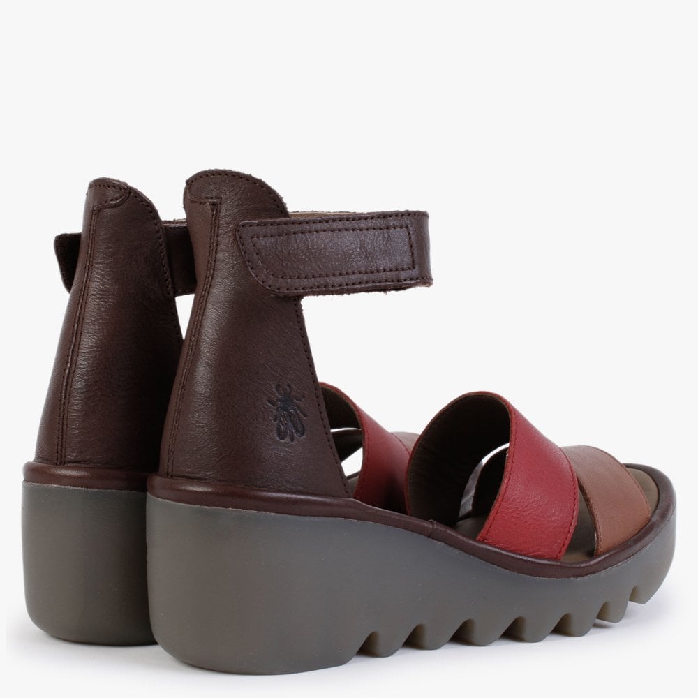 Bono Tan Cherry Red Brown Leather Low Wedge Sandals