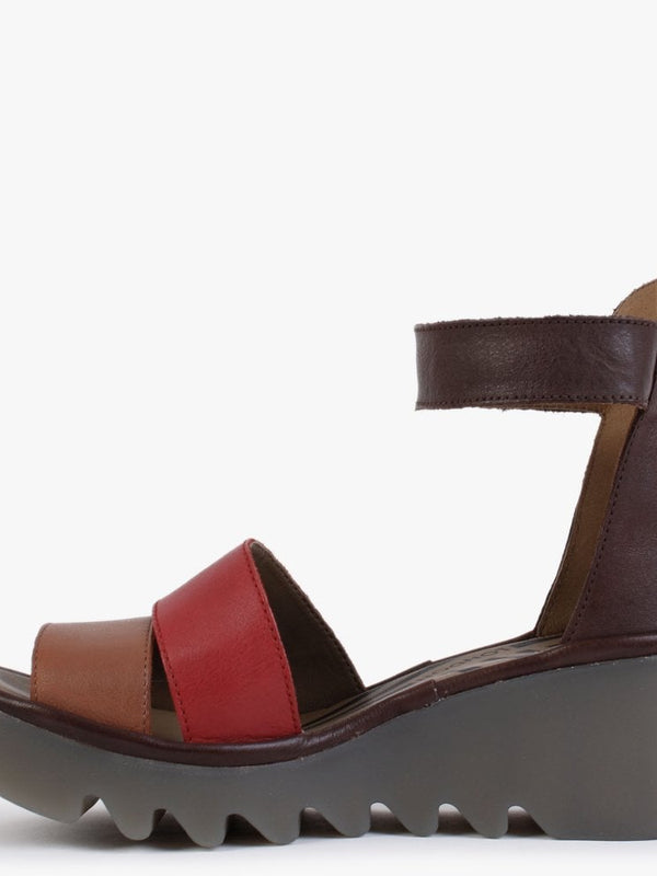 Bono Tan Cherry Red Brown Leather Low Wedge Sandals