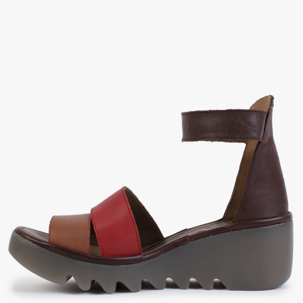 Bono Tan Cherry Red Brown Leather Low Wedge Sandals