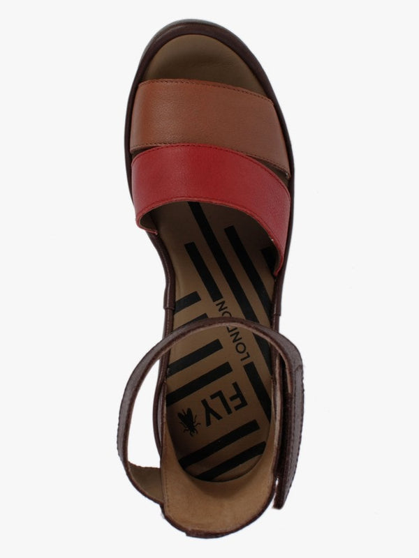 Bono Tan Cherry Red Brown Leather Low Wedge Sandals