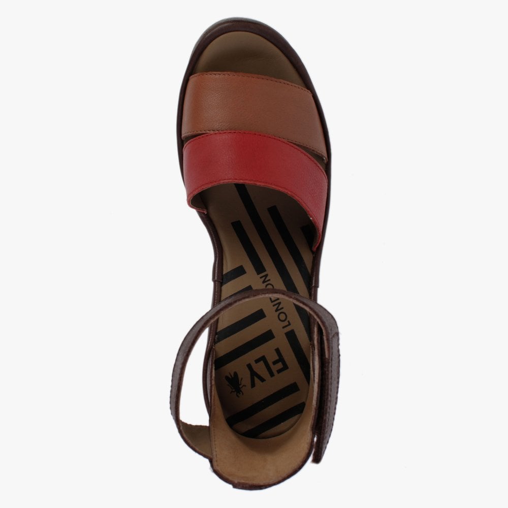Bono Tan Cherry Red Brown Leather Low Wedge Sandals