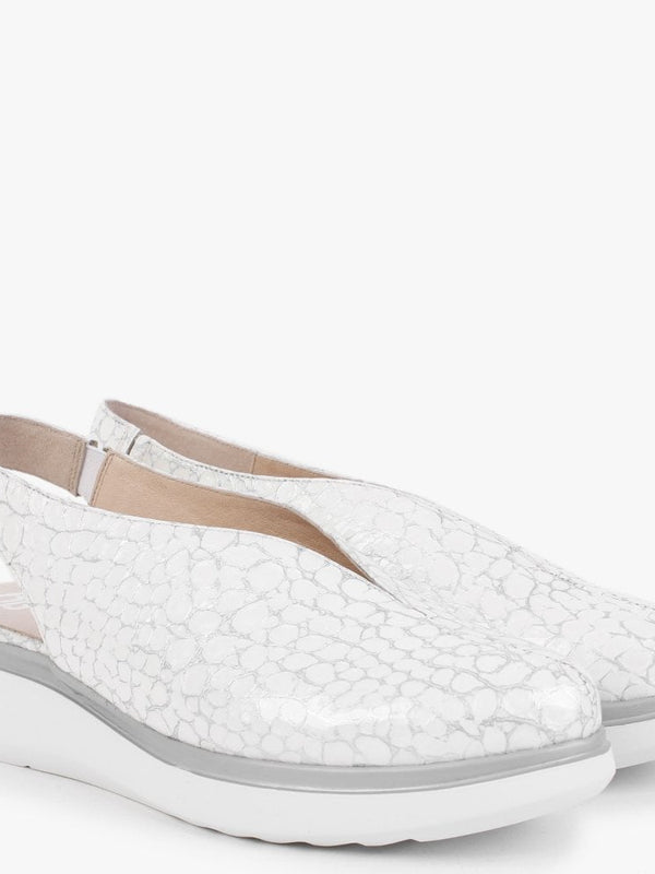 Melodic White Reptile Low Wedge Sling Back Shoes