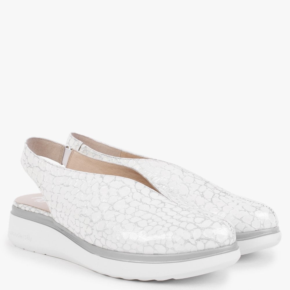 Melodic White Reptile Low Wedge Sling Back Shoes