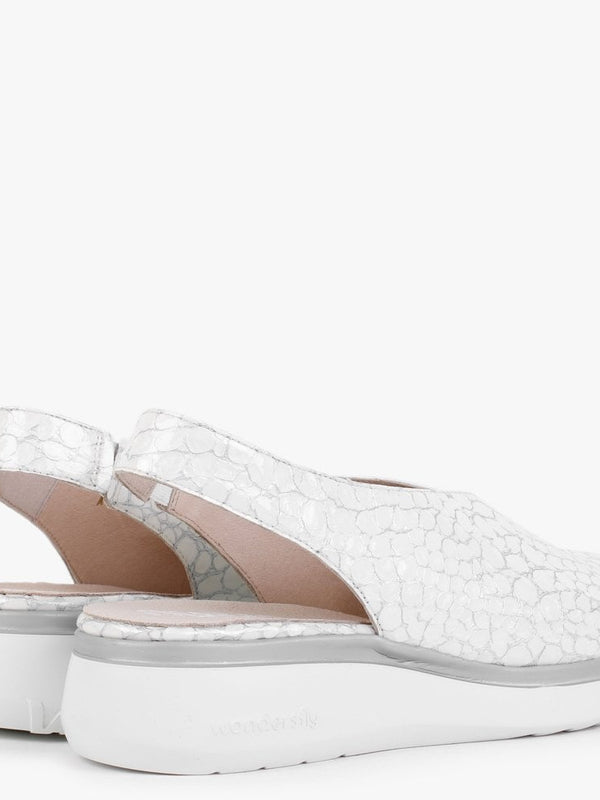 Melodic White Reptile Low Wedge Sling Back Shoes