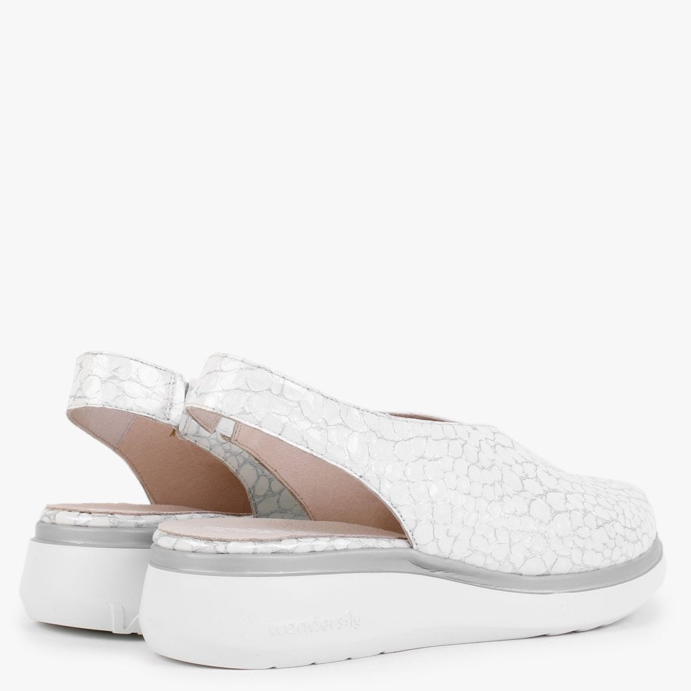 Melodic White Reptile Low Wedge Sling Back Shoes