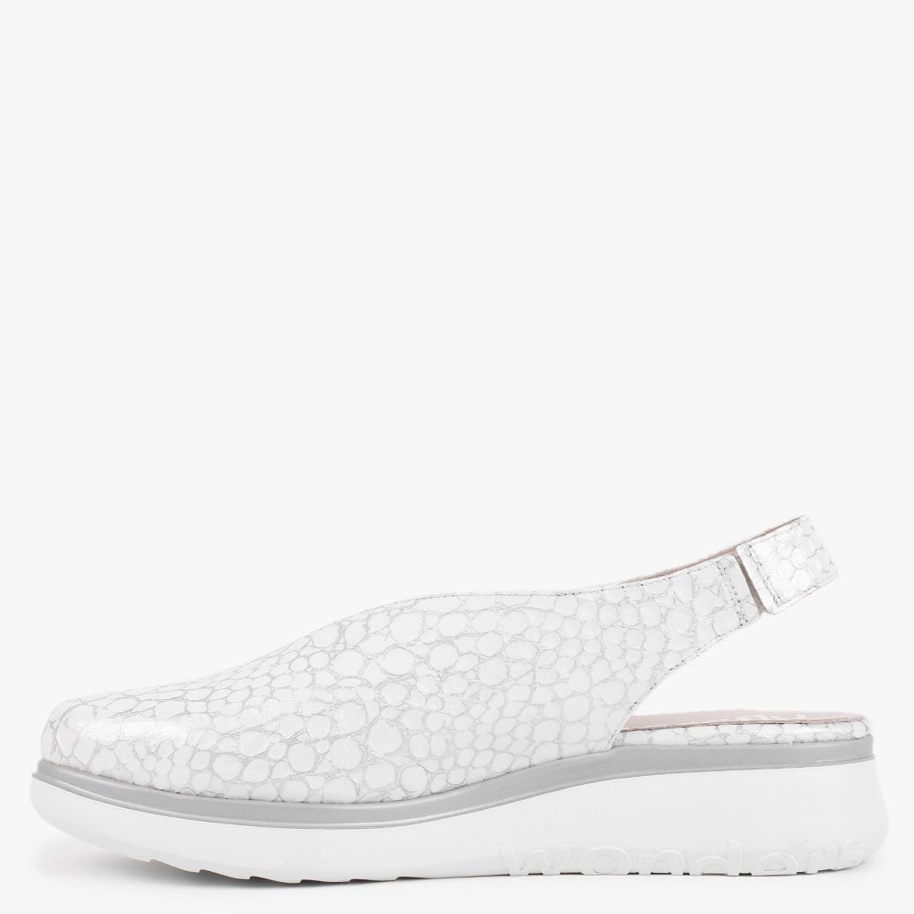 Melodic White Reptile Low Wedge Sling Back Shoes