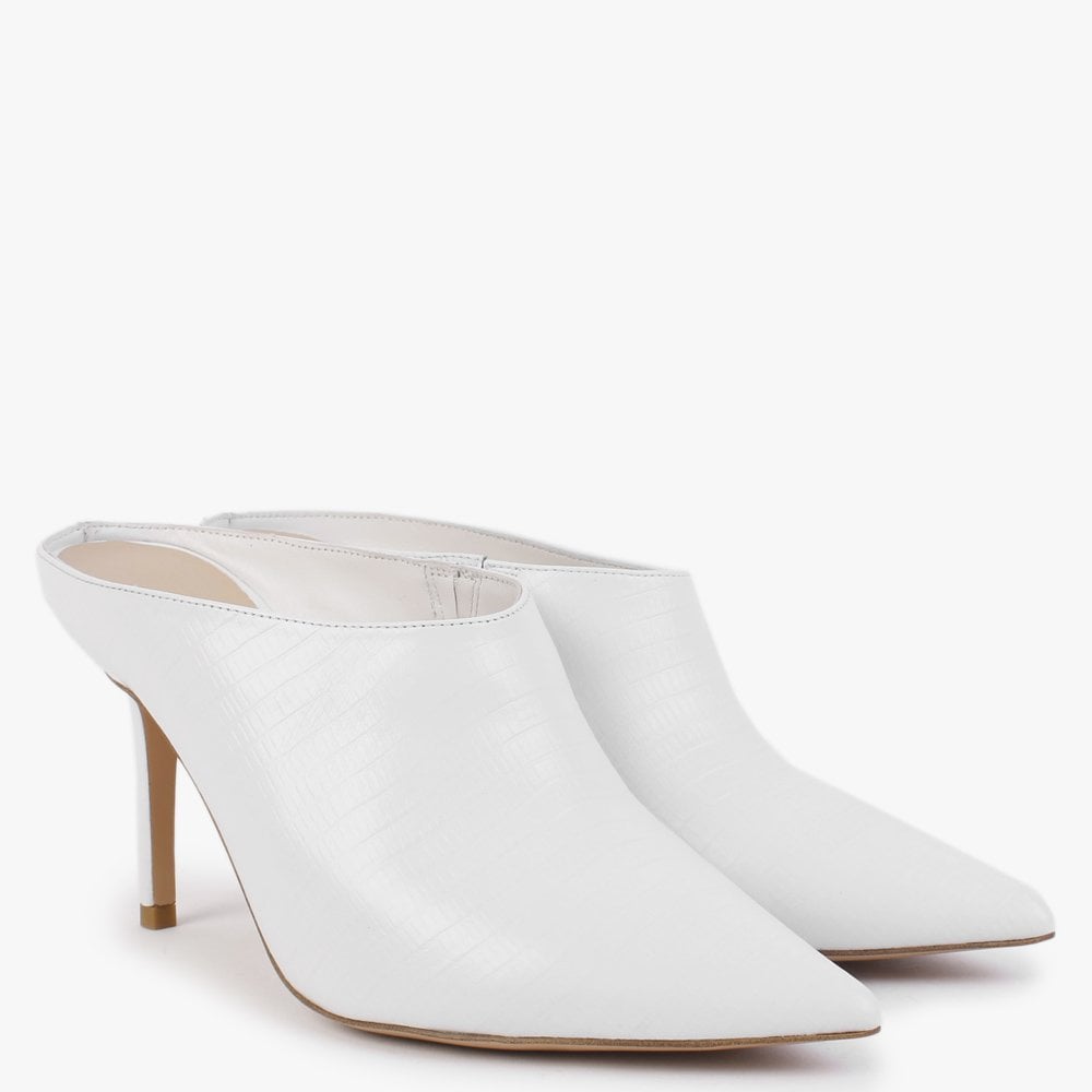 Elsie White Leather Reptile Heeled Mules