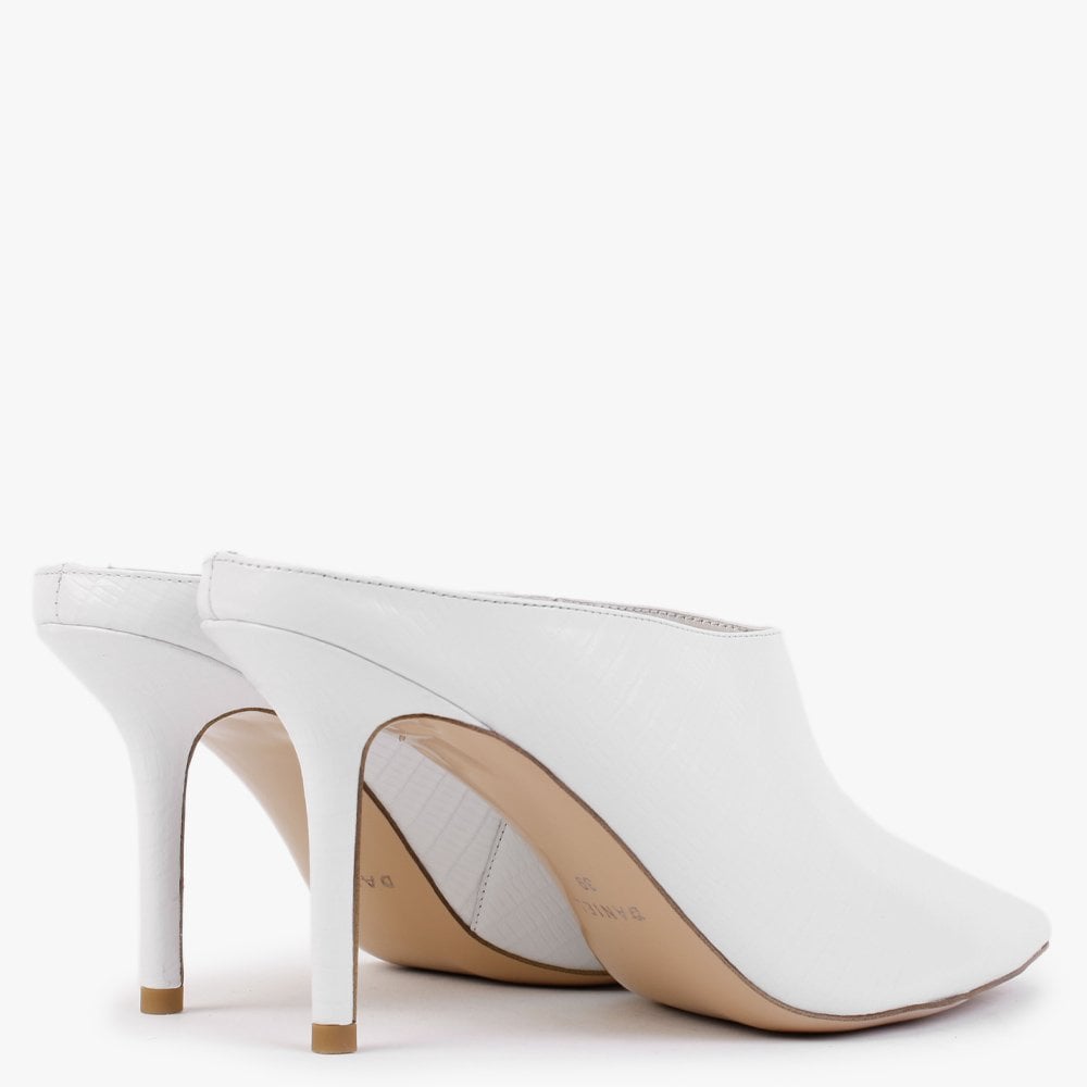 Elsie White Leather Reptile Heeled Mules
