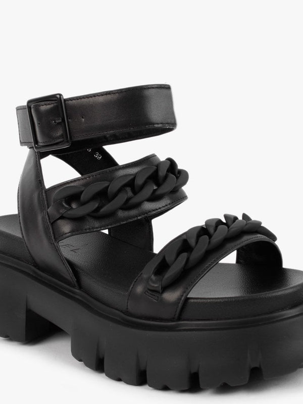 Sunky Black Leather Chunky Sandals