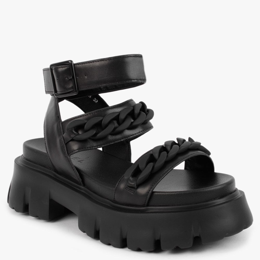 Sunky Black Leather Chunky Sandals