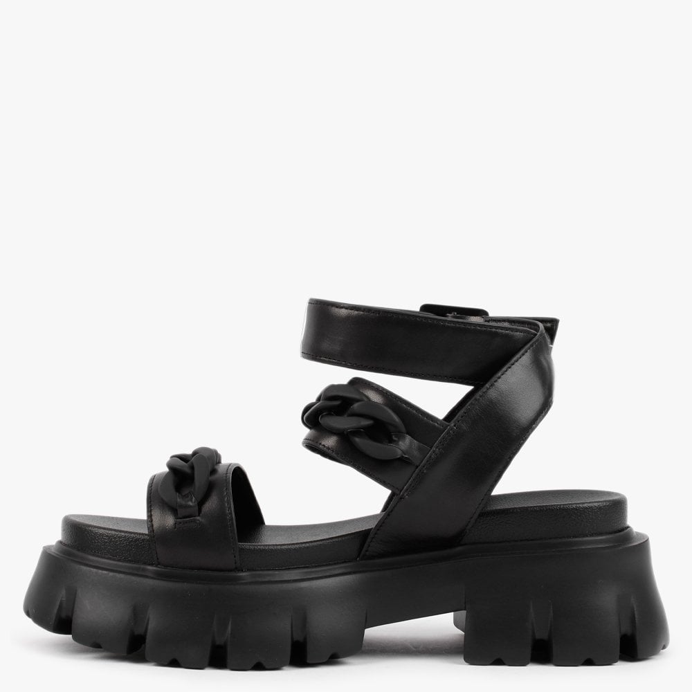 Sunky Black Leather Chunky Sandals