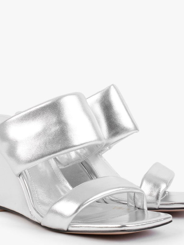 Selegant Silver Leather Wedge Mules