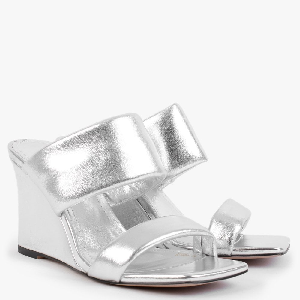 Selegant Silver Leather Wedge Mules