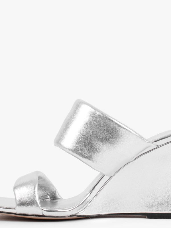 Selegant Silver Leather Wedge Mules