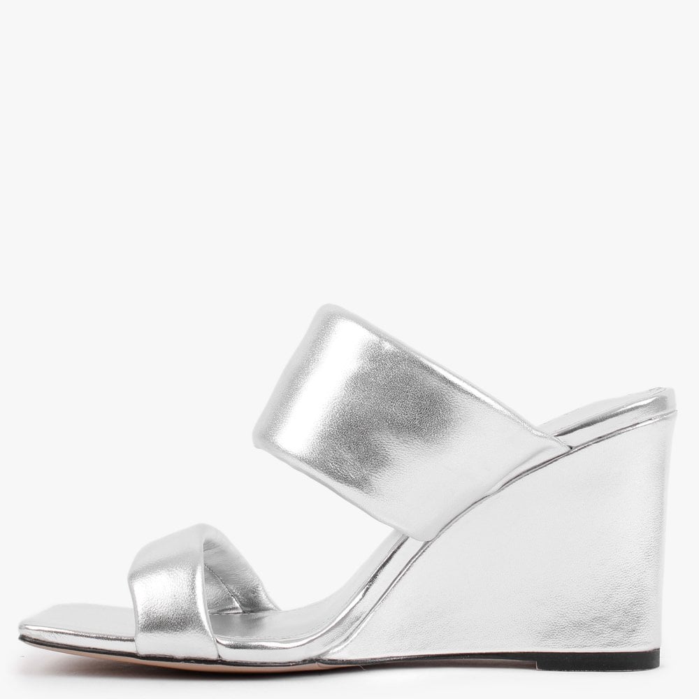 Selegant Silver Leather Wedge Mules