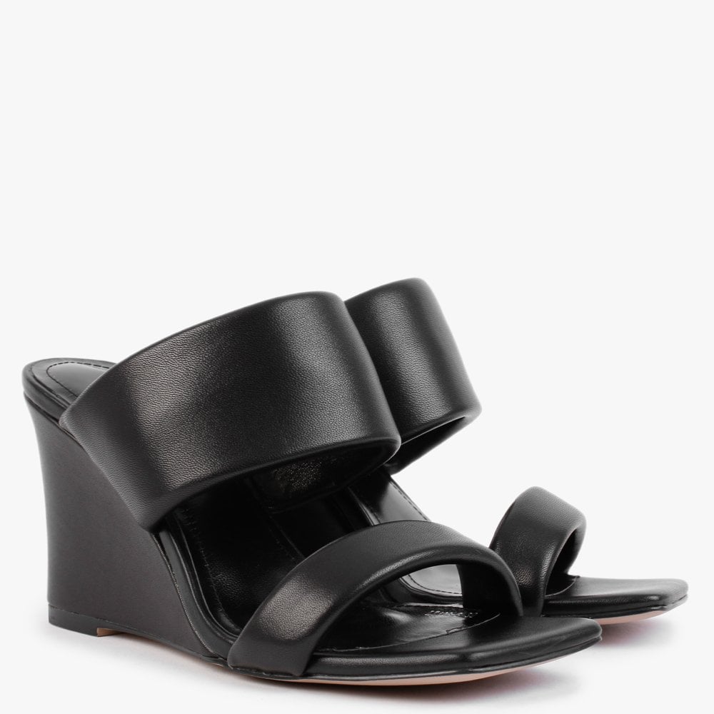 Selegant Black Leather Wedge Sandals