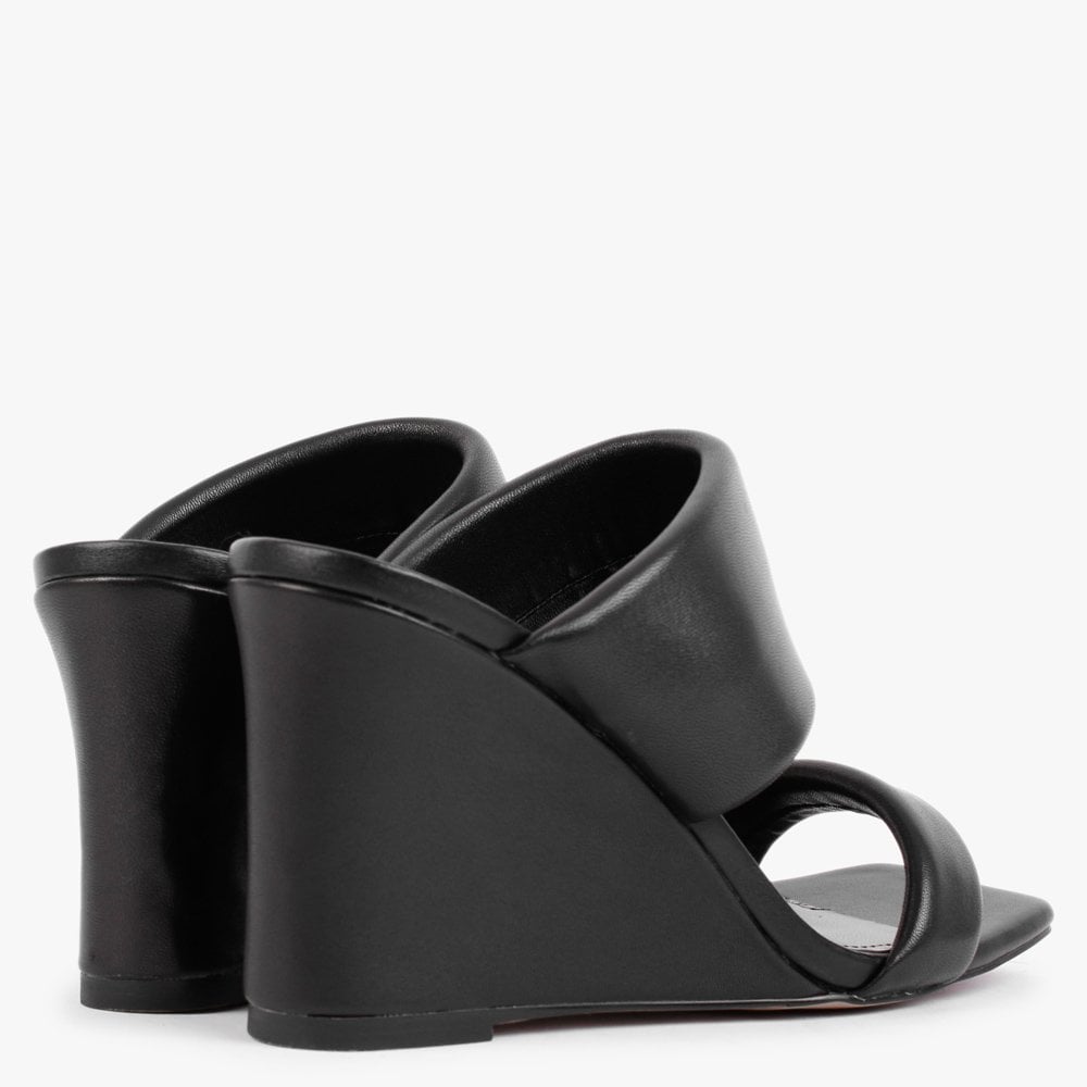 Selegant Black Leather Wedge Sandals