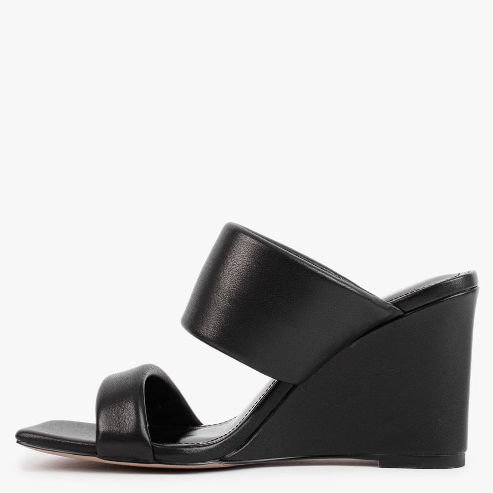 Selegant Black Leather Wedge Sandals