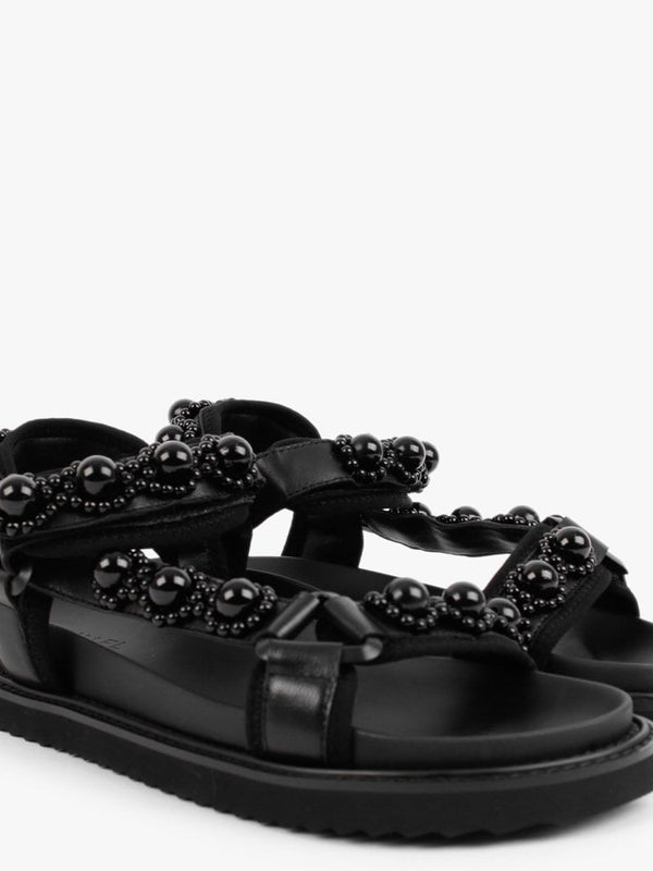 Searl Black Leather Embellished Sandals