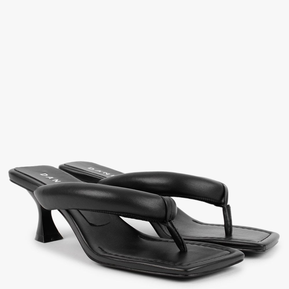 Evelyn Black Leather Pillow Strap Heeled Sandals