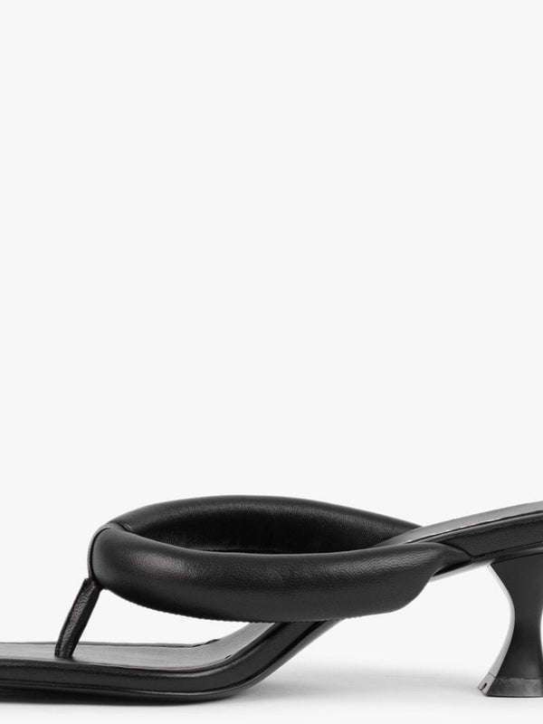 Evelyn Black Leather Pillow Strap Heeled Sandals
