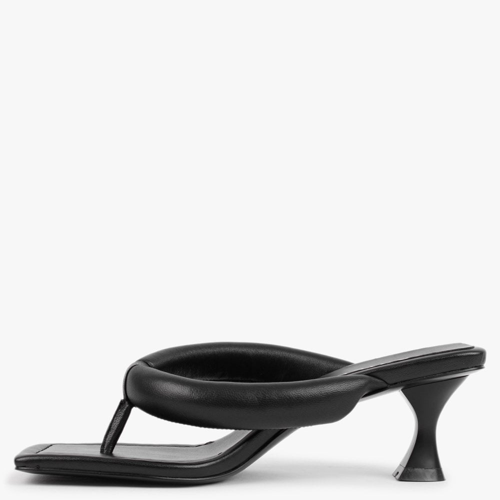 Evelyn Black Leather Pillow Strap Heeled Sandals