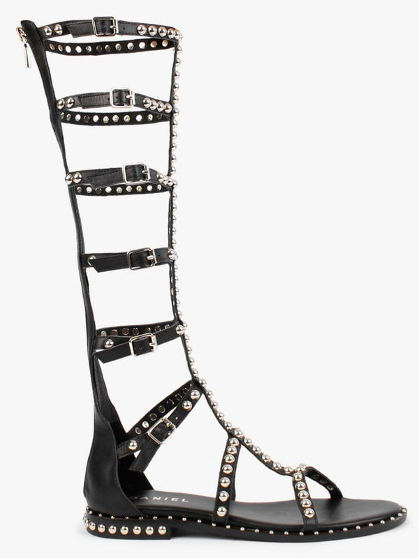 Endless Black Leather Studded Knee High Gladiator Sandals