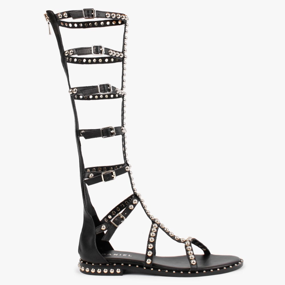 Endless Black Leather Studded Knee High Gladiator Sandals