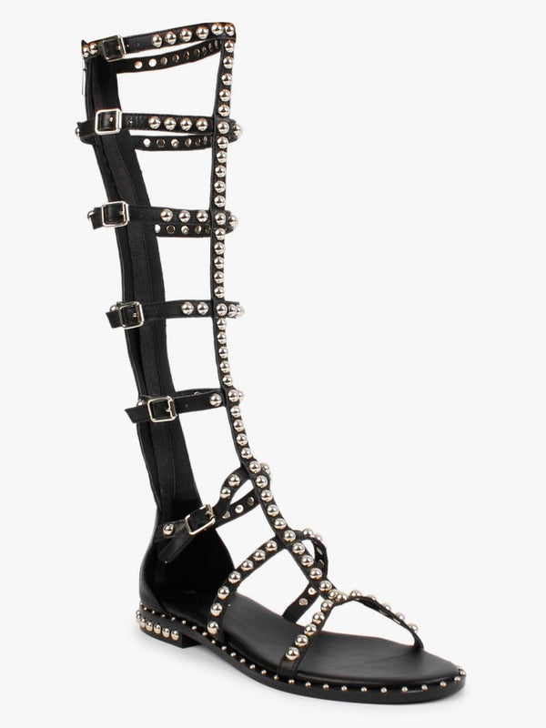 Endless Black Leather Studded Knee High Gladiator Sandals