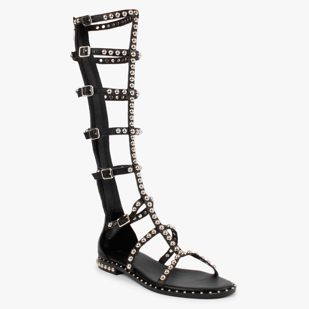 Endless Black Leather Studded Knee High Gladiator Sandals