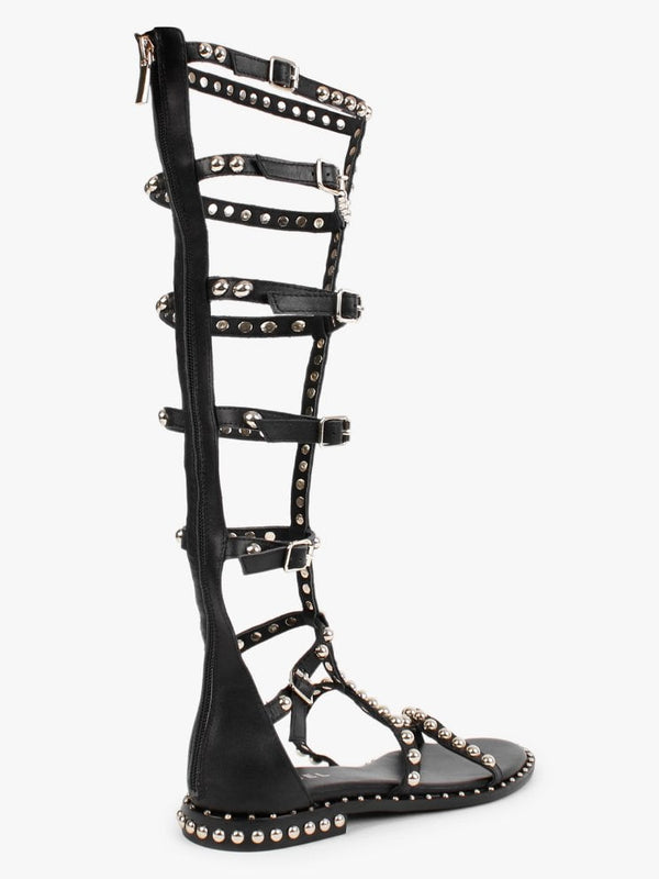 Endless Black Leather Studded Knee High Gladiator Sandals