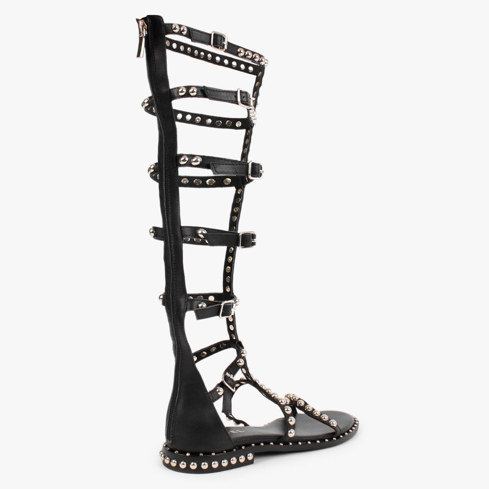Endless Black Leather Studded Knee High Gladiator Sandals