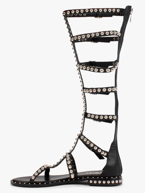 Endless Black Leather Studded Knee High Gladiator Sandals