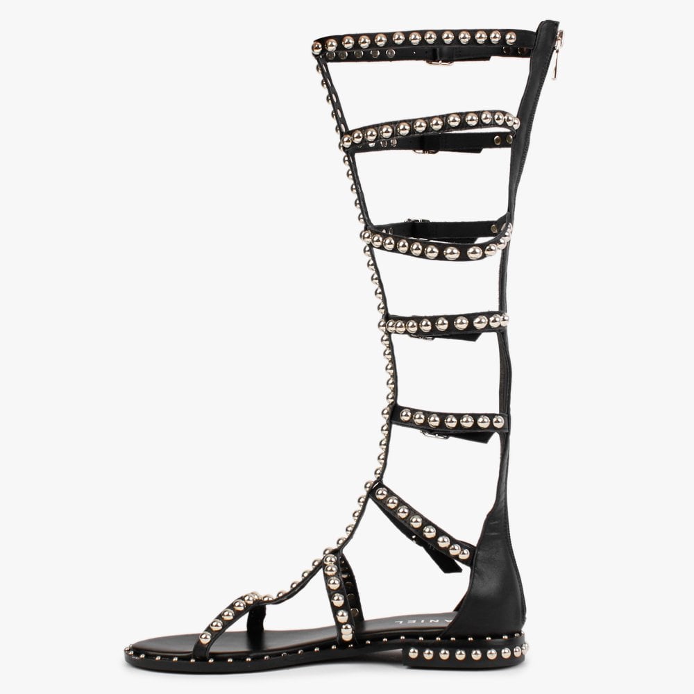 Endless Black Leather Studded Knee High Gladiator Sandals
