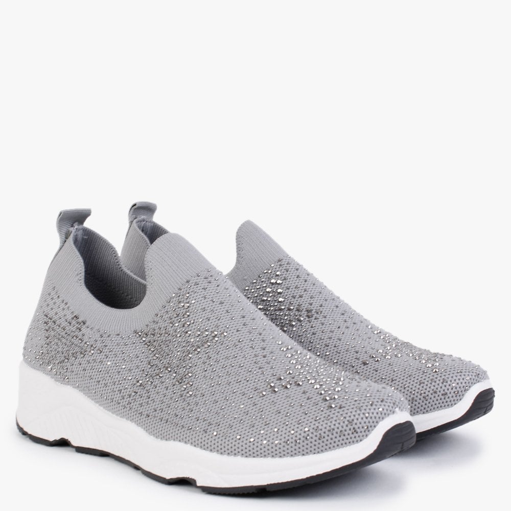 Astar Grey Knitted Diamante Embellished Trainers