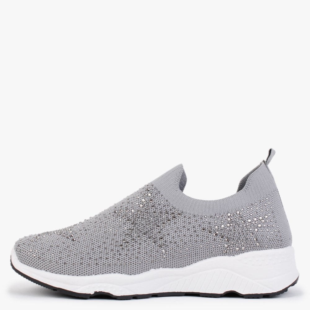 Astar Grey Knitted Diamante Embellished Trainers