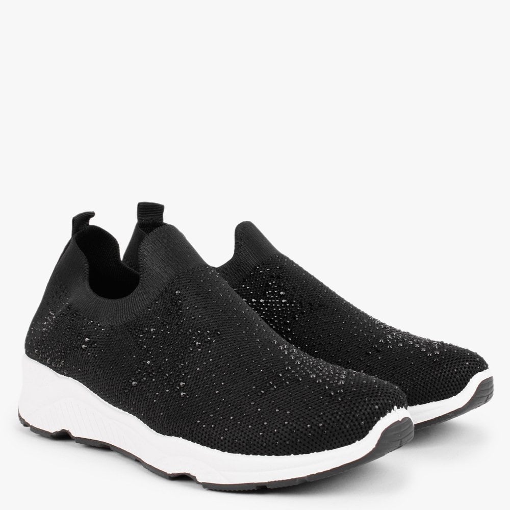 Astar Black Knitted Diamante Embellished Trainers