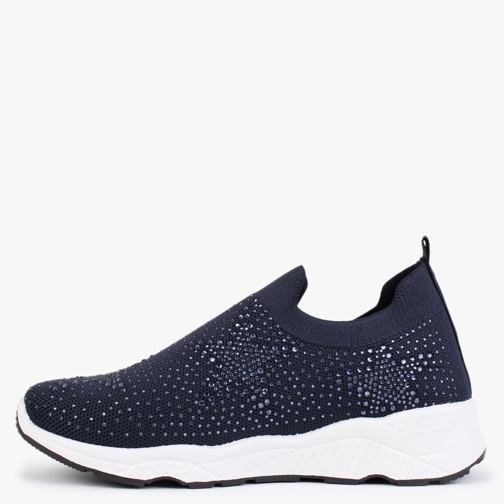 Astar Navy Knitted Diamante Embellished Trainers