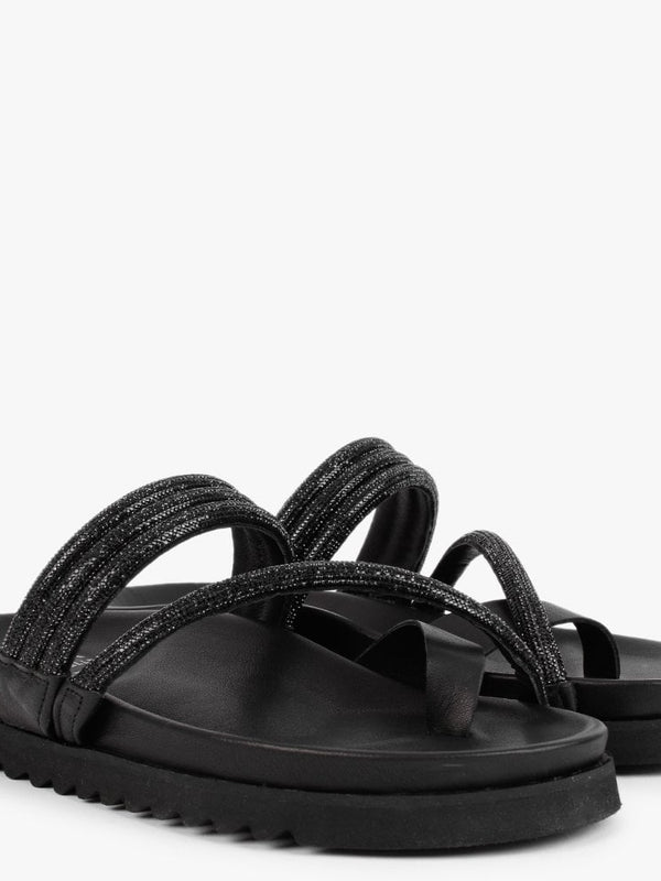 Orville Black Leather Diamante Toe Loop Mules