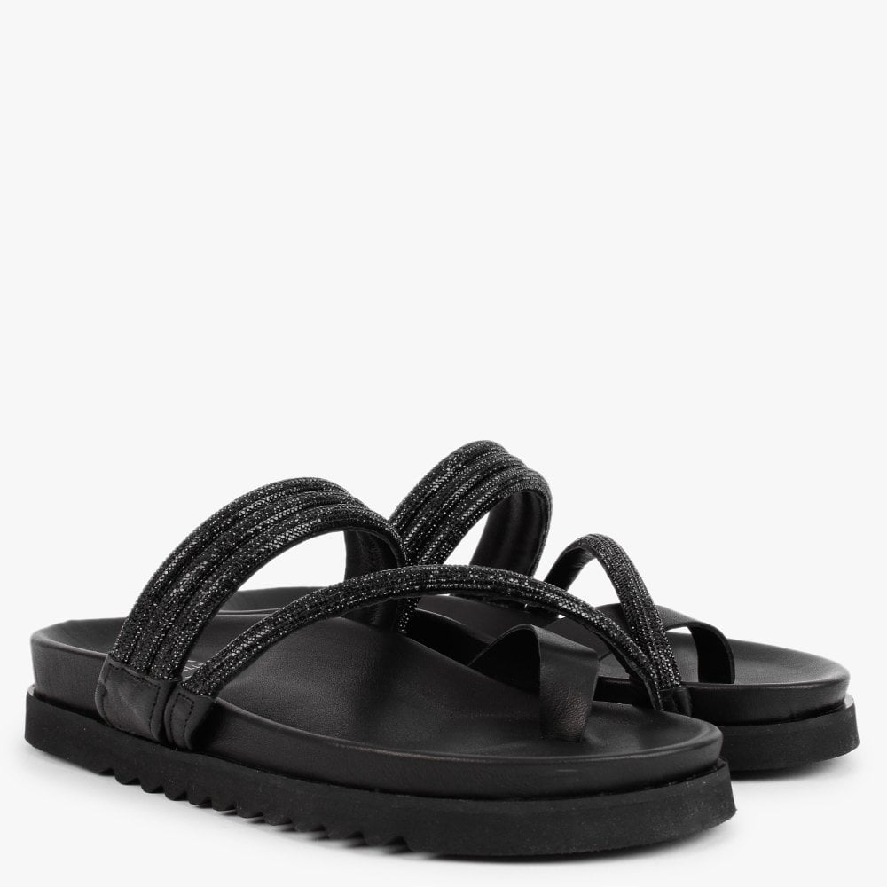 Orville Black Leather Diamante Toe Loop Mules