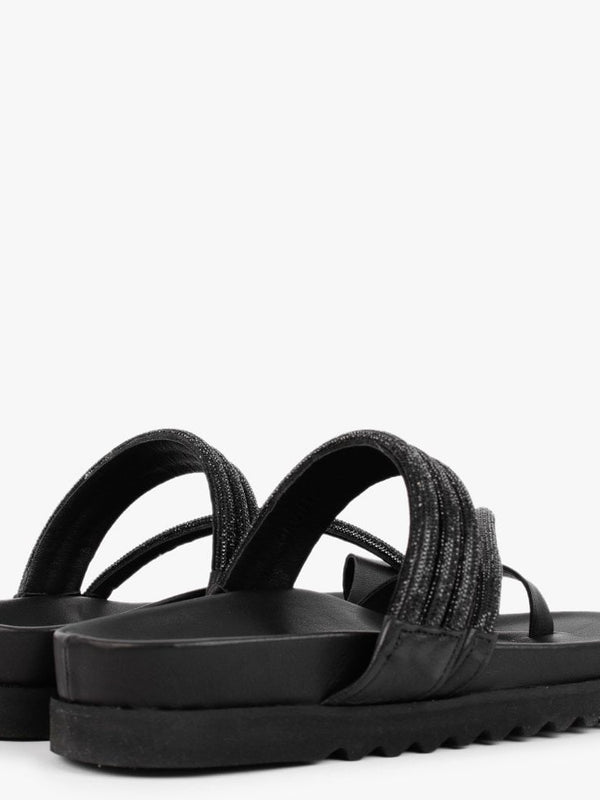 Orville Black Leather Diamante Toe Loop Mules