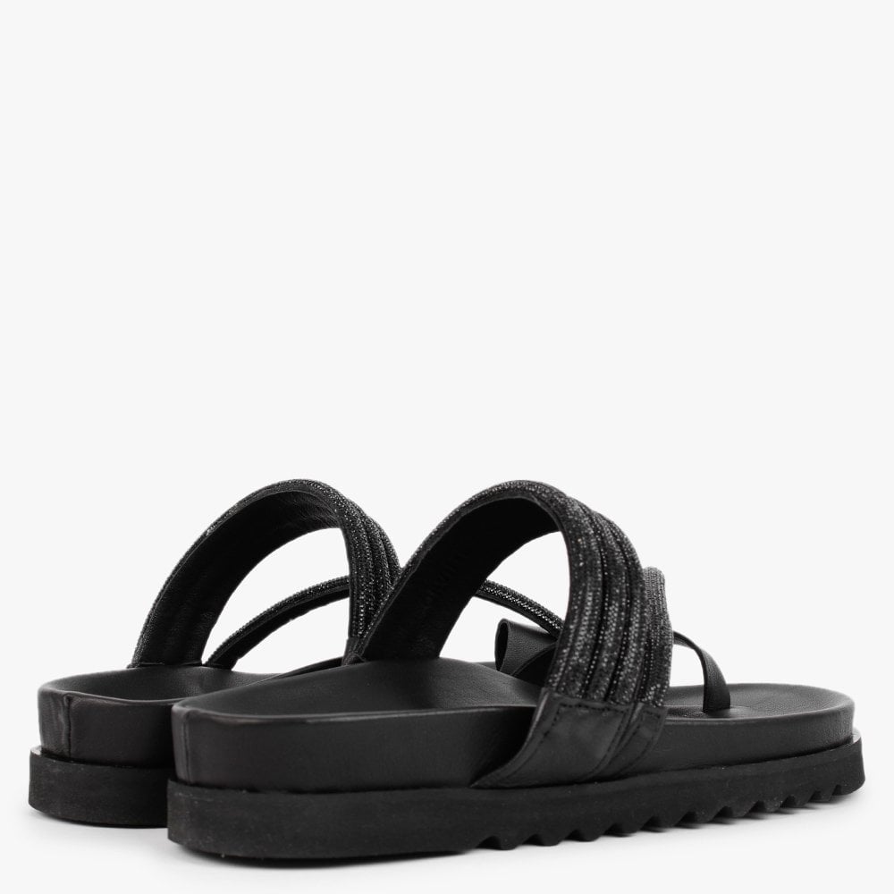 Orville Black Leather Diamante Toe Loop Mules