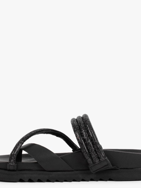 Orville Black Leather Diamante Toe Loop Mules