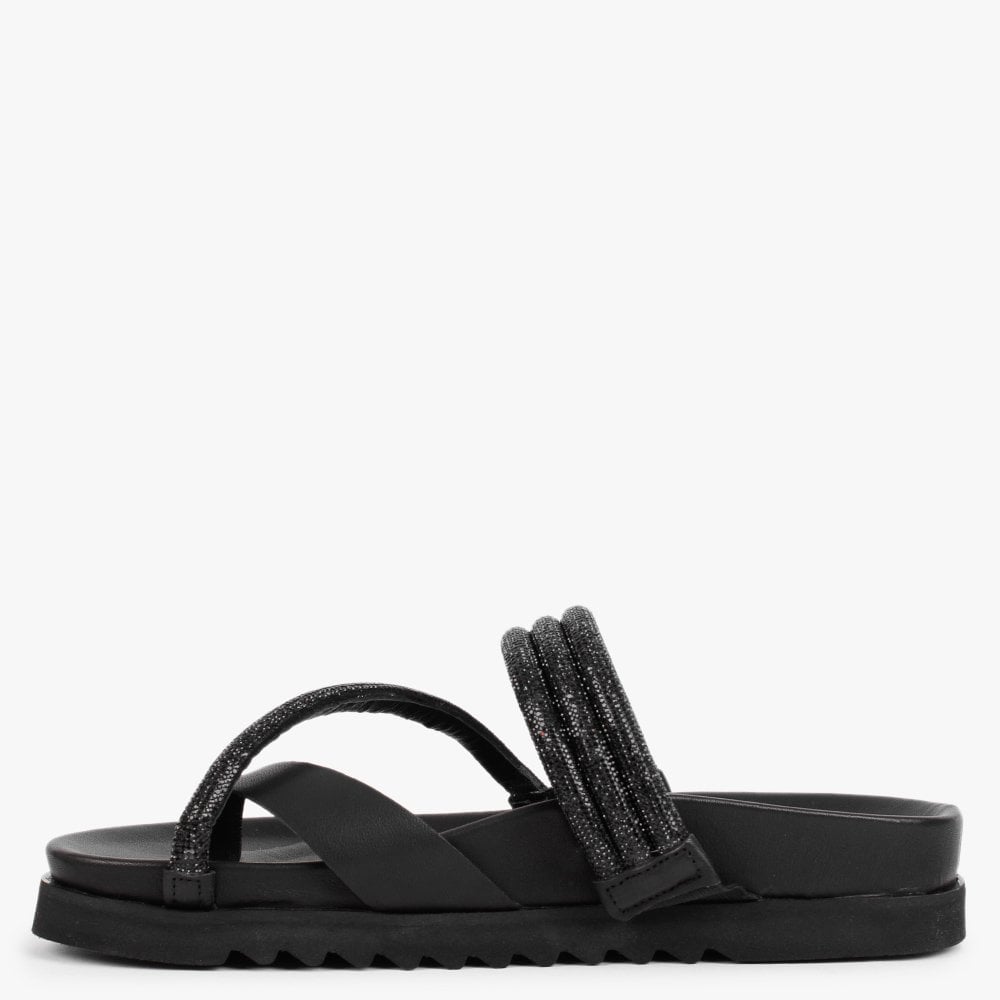 Orville Black Leather Diamante Toe Loop Mules