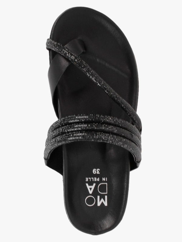 Orville Black Leather Diamante Toe Loop Mules