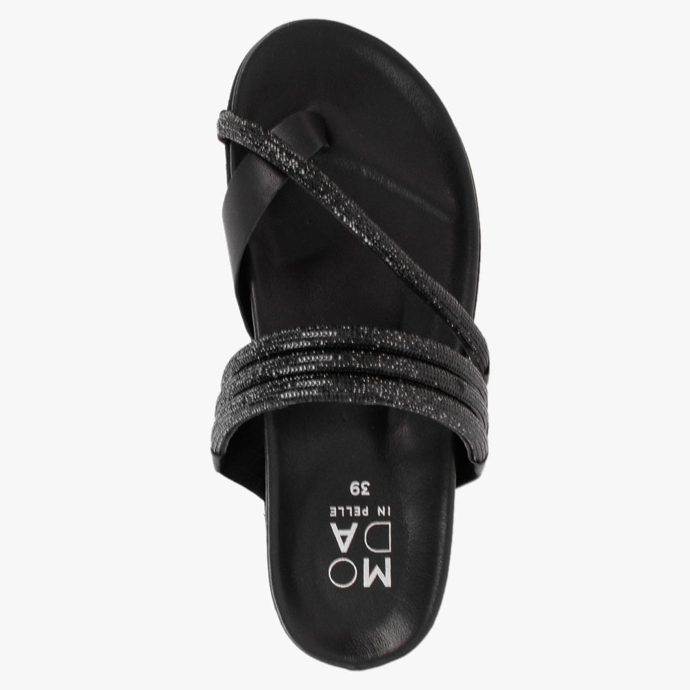Orville Black Leather Diamante Toe Loop Mules