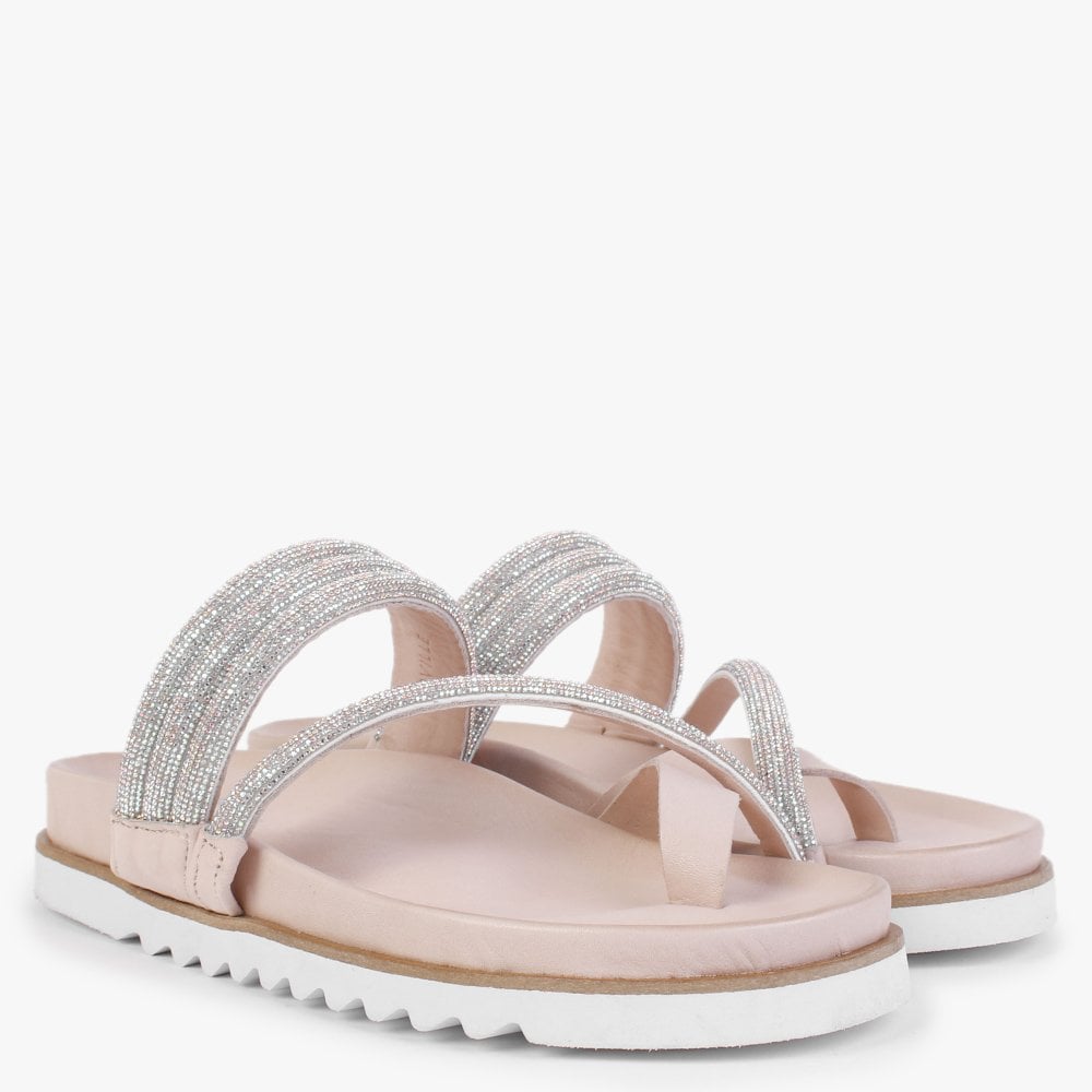 Orville Nude Leather Diamante Toe Loop Mules