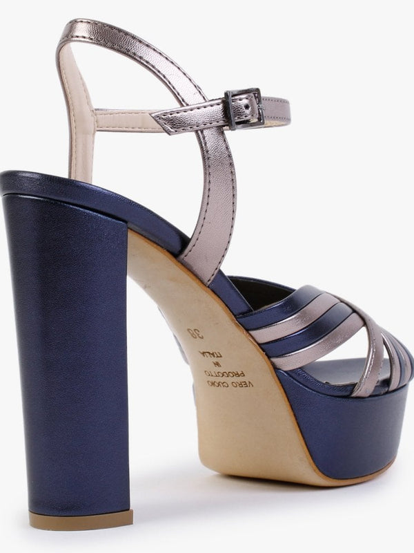 Avery Navy & Pewter Leather Platform Heeled Sandals