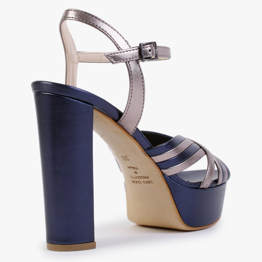 Avery Navy & Pewter Leather Platform Heeled Sandals