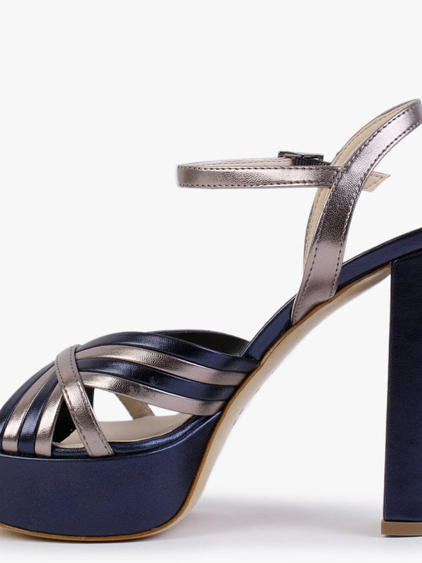 Avery Navy & Pewter Leather Platform Heeled Sandals